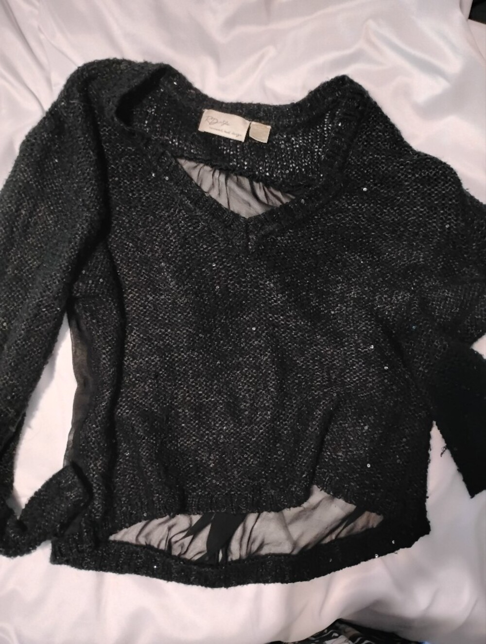 RD Style Black V-Neck Sweater Sparkle Front Sheer Back